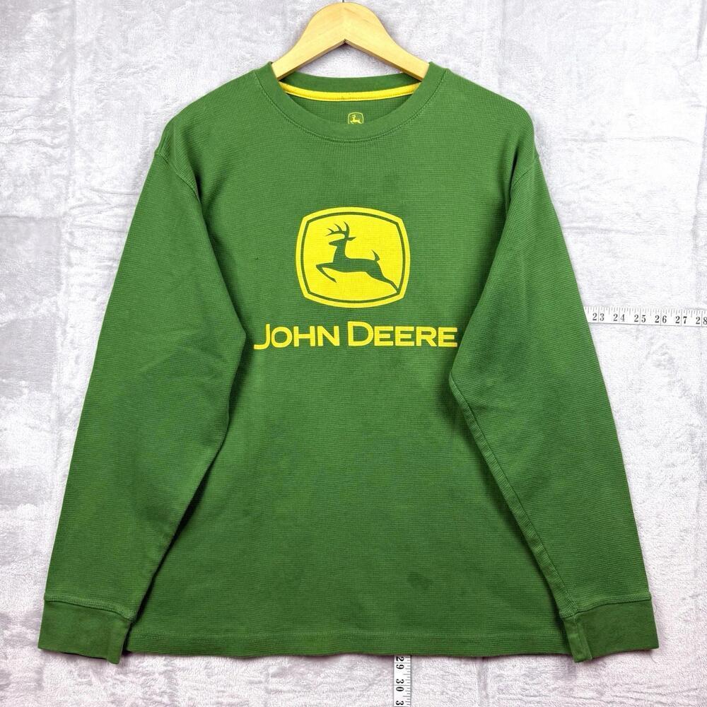 Y2K John Deere Green Long Sleeve Thermal Shirt Size L Logo Graphic Workwear Farm
